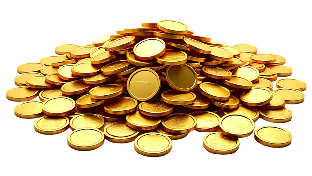 Pile of gold coins isolated on white background. PNG transparent.