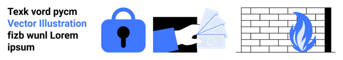 Cybersecurity elements including blue lock, white hand with credit card, blue flame with firewall, and placeholder text. Ideal for security, finance, technology, education, software, web design
