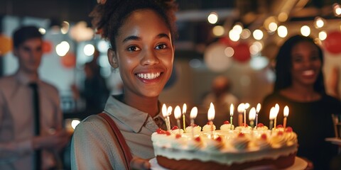 Young woman smiling, holding a birthday cake with lit candles at a party.