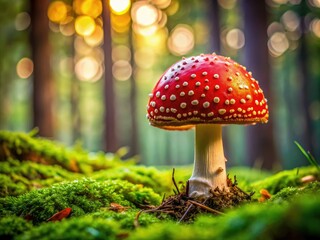 Close-Up of Red Flyagaric Mushroom with Bokeh Effect in Lush Green Forest Glade