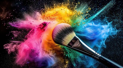 Advertisement pictures for makeup brushes. A makeup brush gently dusting colorful powder with vibrant hues of eyeshadow spreading in the air.