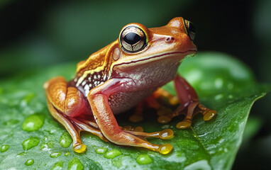 Fototapeta premium Colorful frog perched on a leaf with water droplets, vibrant natural setting.