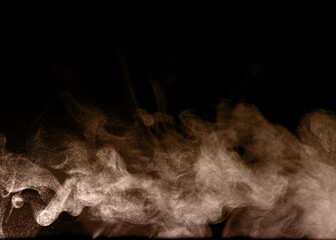 Sand dust, desert dust smoke texture, flying soil particles, abstract fine sand clouds, brown dust wave effect, brown dust blowing effect, isolated on black background.