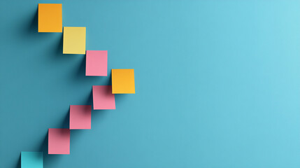 Fototapeta premium Colorful paper notes arranged in a playful pattern on a blue background.