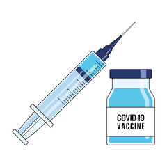 Vector illustration of vaccine bottle and syringe, isolated on white background, medical equipment