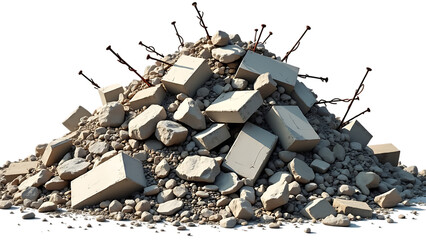 Pile of rubble and debris, isolated on white.