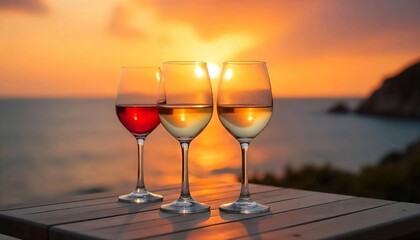 Two wine glasses on a table overlooking a sunset over the ocean