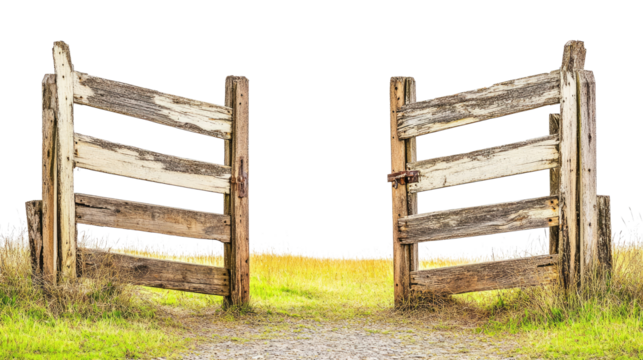 Old Wooden Fences Opening to an Expansive Grassy Field at Sunset Generative AI