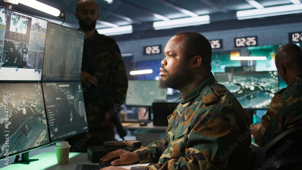 Poster military officer in command post receiving intel folder files on enemy battle formation. intelligenc