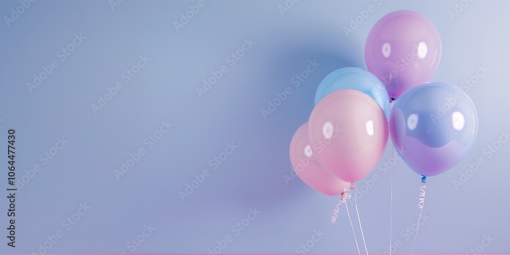 Poster a group of colorful balloons on a blue background with ample space for text.