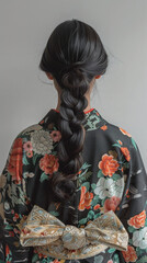 The back of a girl in a kimono with a high ponytail, with a full-body view.