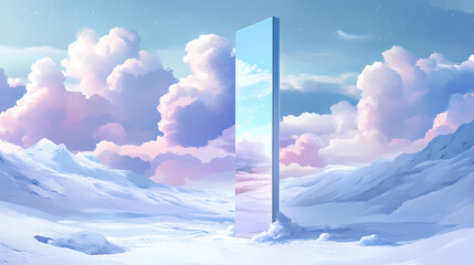 Surreal landscape with a large, upright mirror reflecting pastel clouds, set in a serene snowy environment, evoking tranquility and dreamlike reflections. Dreamscape. Illustration