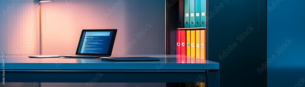 Poster laptop on a desk with colorful binders in the background