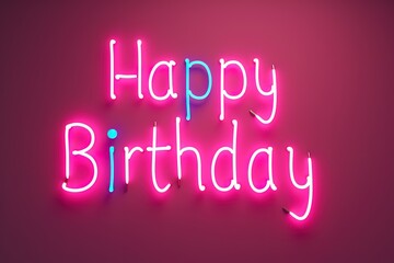 Neon sign with the words "Happy Birthday" on a purple background.