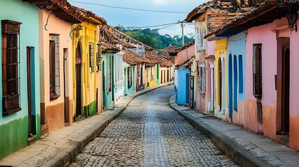 Fototapeta premium A Narrow Cobblestone Street Lined with Colorful Buildings in a Historic Latin American City