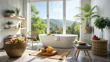 Elegant Food Photography in a White Bathroom with Bathtub and Rattan Stool for Relaxation and Culinary Delights