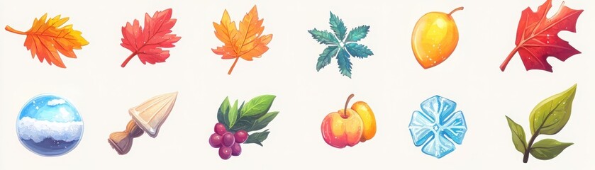 Fototapeta premium Embracing the essence of nature seasonal icons from autumn leaves to snowflakes and spring flowers