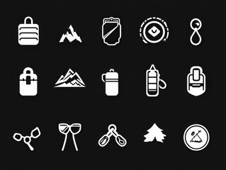 Minimalist icons representing essential outdoor adventure equipment for enthusiasts and explorers