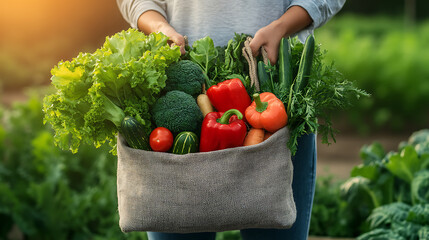 Fototapeta premium Hands holding a basket of fresh vegetables