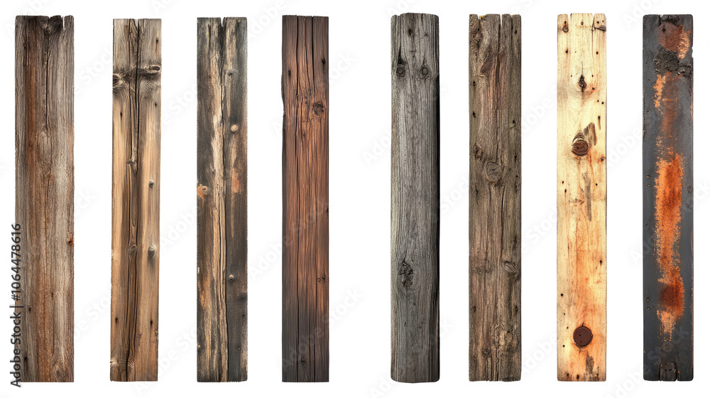 Poster old wooden fence posts in various textures and colors during daylight generative ai