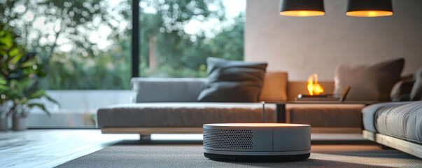 modern living room featuring digital financial assistant device on floor, surrounded by cozy sofa and warm lighting. space is bright and inviting, perfect for relaxation