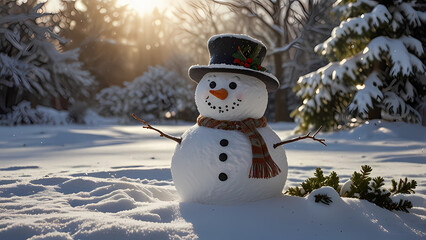 Fototapeta premium Snowman in the yard full of snow
