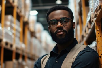 Fototapeta premium Black professional man working in logistic looking at camera in warehouse, Depth of field
