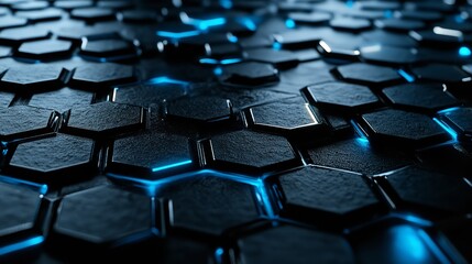 Fototapeta premium Futuristic hexagonal grid pattern with blue lighting, perfect for technology, innovation, and digital themes in presentations, websites, or backgrounds