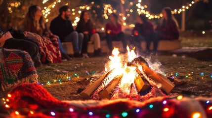 A picture of a group of teenage friends sitting around a campfire with a decorated Christmas tree and many gifts and lights. Christmas, the festival of happiness.