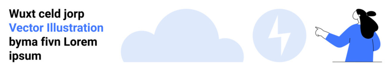 Person pointing at a cloud with a lightning symbol. Ideal for tech companies, digital solutions, cloud computing, energy management, innovation, data analytics, and sustainability. Banner for landing