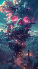 Futuristic City Built Inside a Skull Floating Above the Clouds