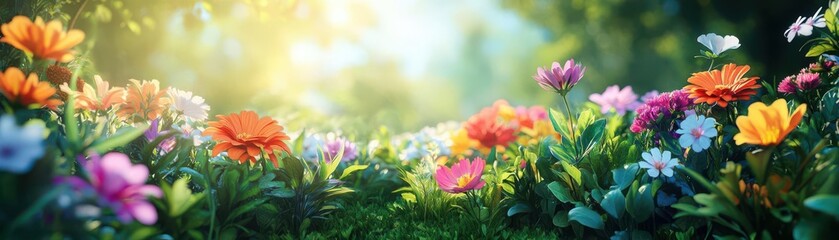 Fototapeta premium A vibrant garden scene filled with colorful flowers under soft sunlight, creating a serene and enchanting atmosphere.