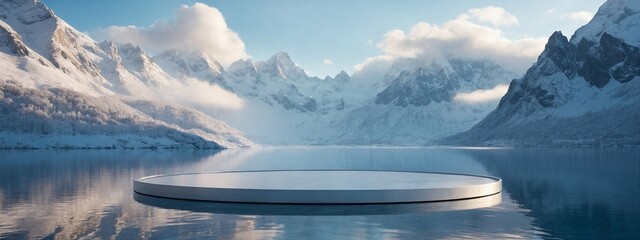 A minimalist circular platform on calm, reflective water, set against snow-dusted mountains under soft clouds for product presentation