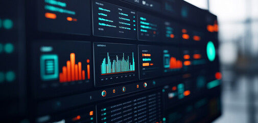 Close-up of a data analysis interface with graphs and metrics on a digital screen.