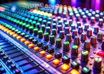 Fototapeta premium Close-up tilt-shift photography showcases the intricate details and vibrant colors of audio mixing console faders, highlighting professional sound equipment in music production and recording studios.