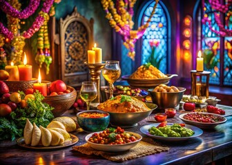 Naklejka premium Elegant Indian Dinner Table Setting with Naan Bread and Curry for a Surreal Dining Experience