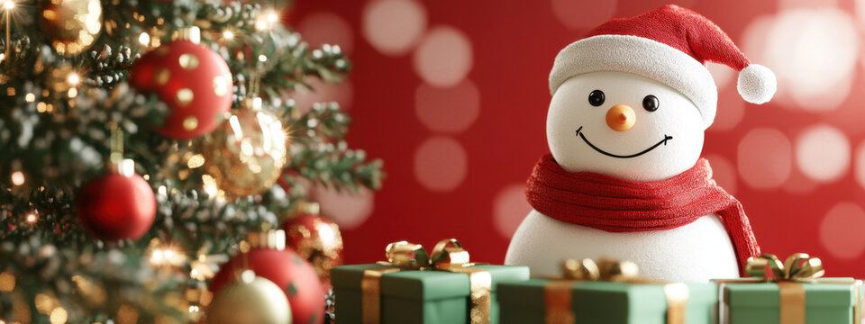cheerful snowman wearing red scarf and hat stands beside beautifully wrapped gifts, surrounded by festive Christmas tree adorned with ornaments - Powered by Adobe