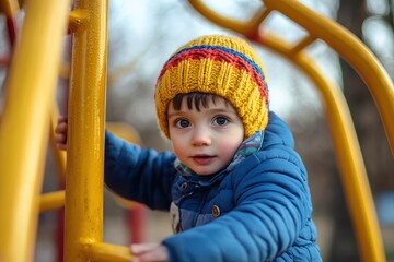Fototapeta premium Child boy playing on playground equipment in the park, Depth of field