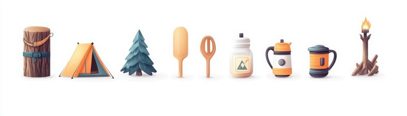 Comprehensive camping essentials icon set in clean style for outdoor enthusiasts and adventure seekers