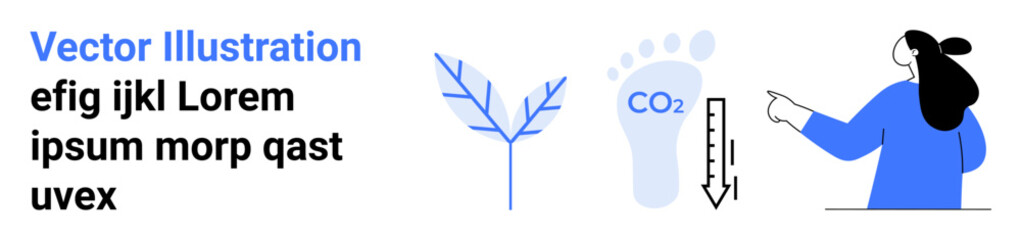 Leaf with branching veins, footprint with CO2 label, person pointing to descending chart. Ideal for sustainability, eco campaigns, carbon footprint education, environmental awareness, green