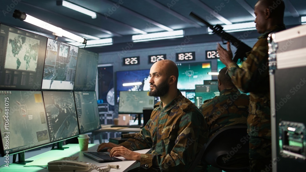 Poster military agent working in control room, analyzing aerial reconnaissance data. intelligence corps age