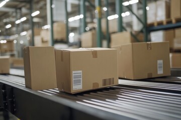 Close-up of multiple cardboard box packages moving along a conveyor belt in a warehouse