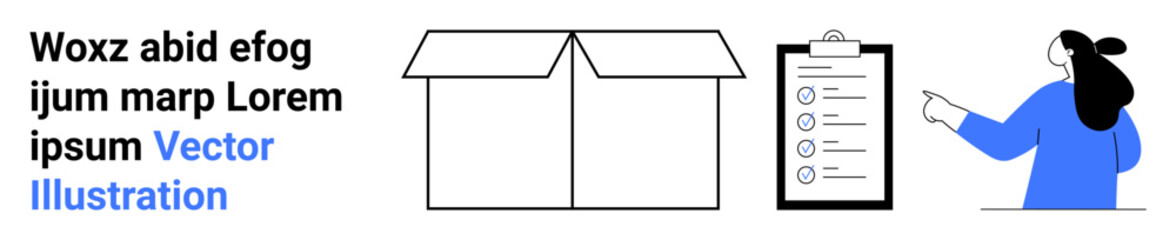 Business woman in blue presenting checklist clipboard with check marks beside open cardboard box and sample text. Ideal for shipping, logistics, organization, planning, training, education, marketing