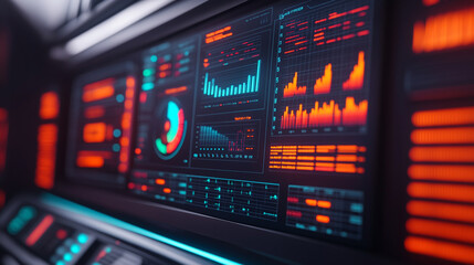 Futuristic display panel with graphs, charts, and glowing indicators.