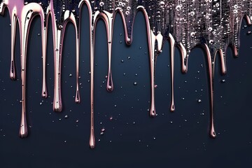 Glossy pink paint dripping on dark blue background, space for te