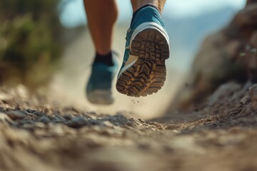 Close-up shot of feet in motion, wearing trail running shoes on a rugged path, dust rising