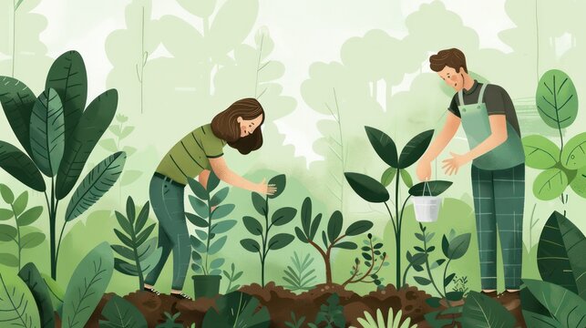 Carbon offset projects in nature helping to reduce emissions by supporting reforestation and conservation efforts. Illustrations
