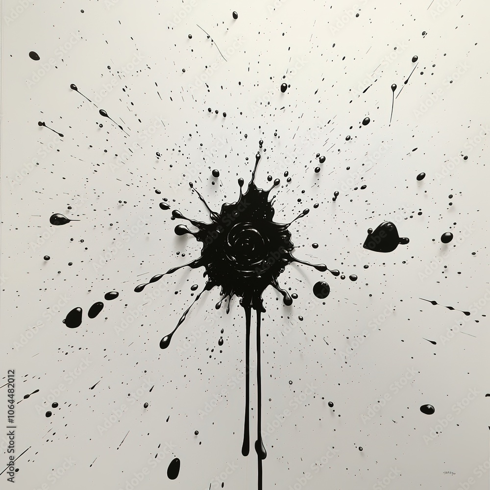Poster dynamic ink splatter on a light background with droplets