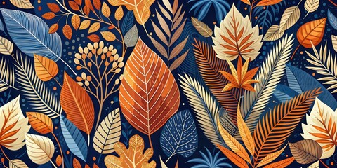 Colorful Abstract Nature Design with Leaves and Patterns in Orange, Navy, and Beige Tones for Modern Artistic Decor