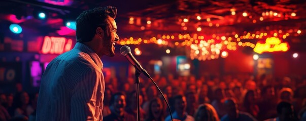 A performer sings passionately on stage in a lively venue, illuminated by vibrant lights, while a captivated audience watches intently.
